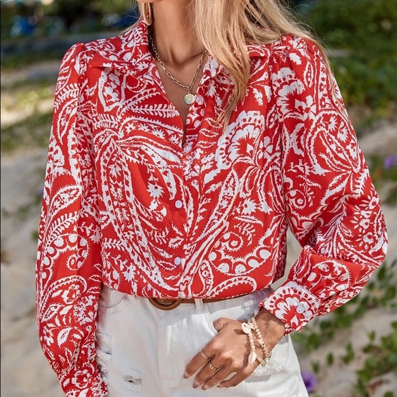 πΊ BOHO RED WHITE FLORAL PRINT BLOUSE! - Picture 5 of 6